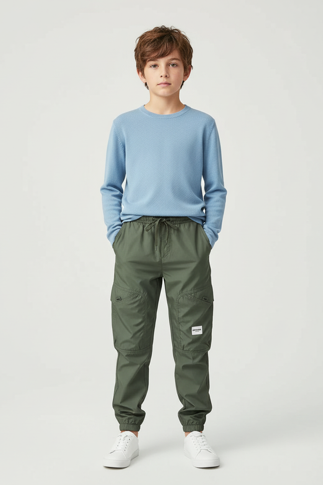 Pantalon Cargo Vert Olive Ample Multipoches Enfant - Kaki Polyester