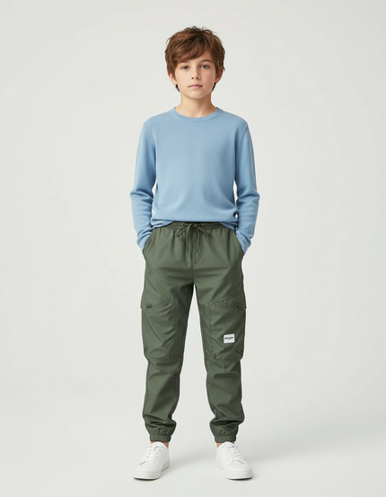 Pantalon Cargo Vert Olive Ample Multipoches Enfant - Kaki Polyester