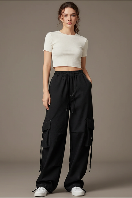 Pantalon Cargo Noir Ample Décontracté Fluide Femme - Toile