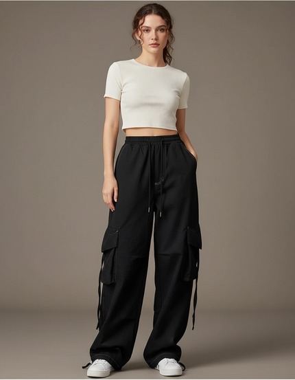 Pantalon Cargo Noir Ample Décontracté Fluide Femme - Toile