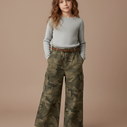 Pantalon Cargo Camouflage Ample Ceinturé Fille - Kaki Toile