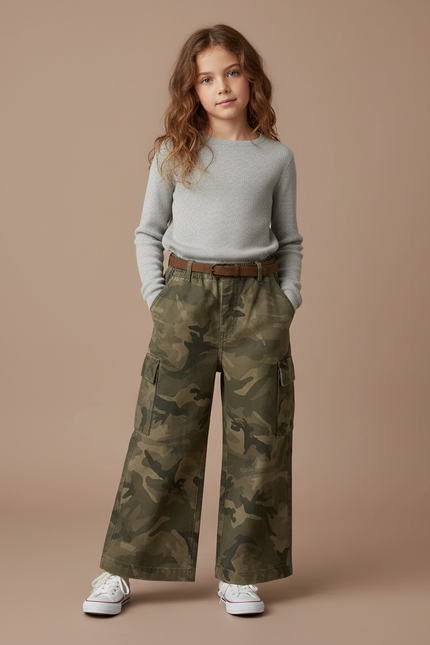 Pantalon Cargo Camouflage Ample Ceinturé Fille - Kaki Toile