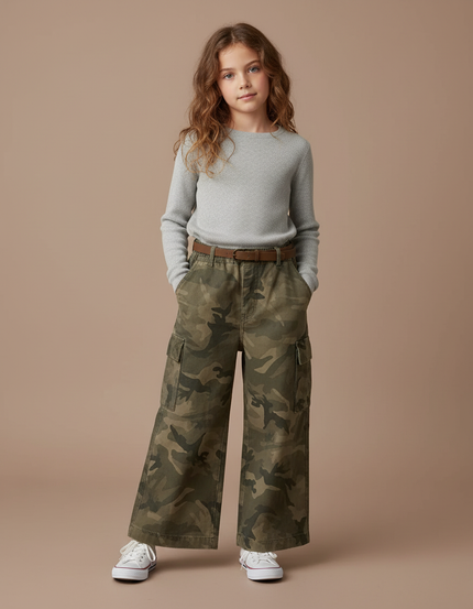 Pantalon Cargo Camouflage Ample Ceinturé Fille - Kaki Toile
