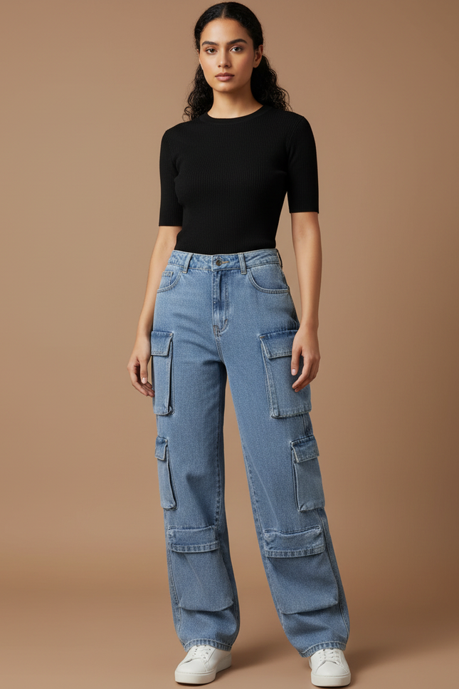 Pantalon Cargo Jean Ample Bleu Multipoches Femme