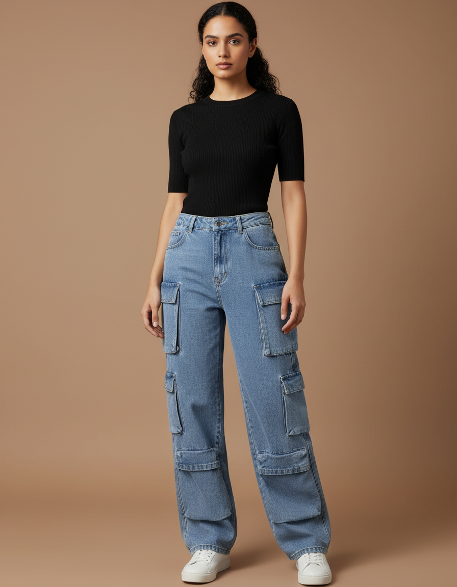 Pantalon Cargo Jean Ample Bleu Multipoches Femme