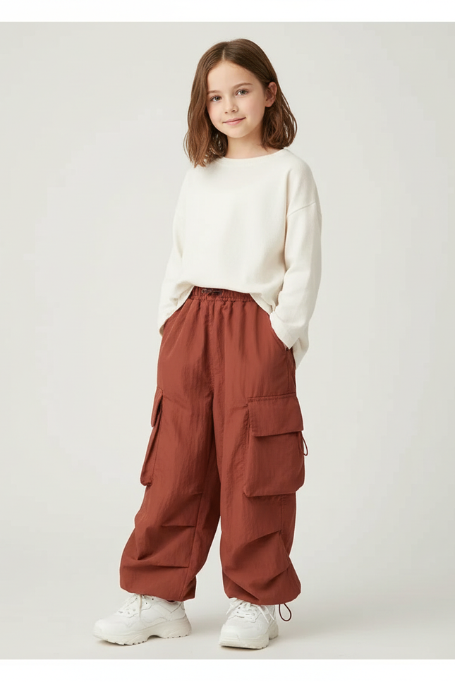 Pantalon Cargo Marron Ample Multipoches Fille - Polyester