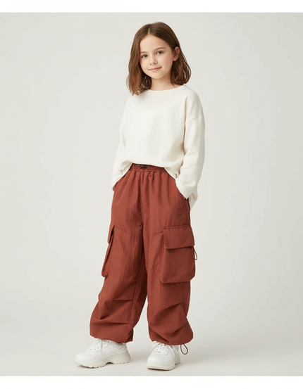 Pantalon Cargo Marron Ample Multipoches Fille - Polyester