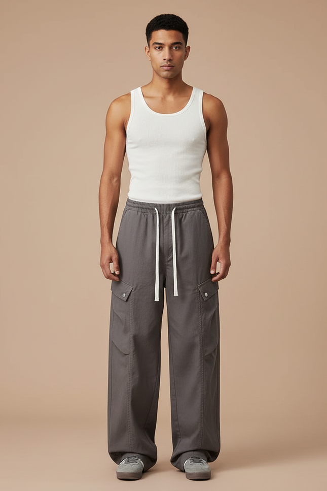 Pantalon Cargo Gris Ample Coton Multipoches Décontracté - Toile
