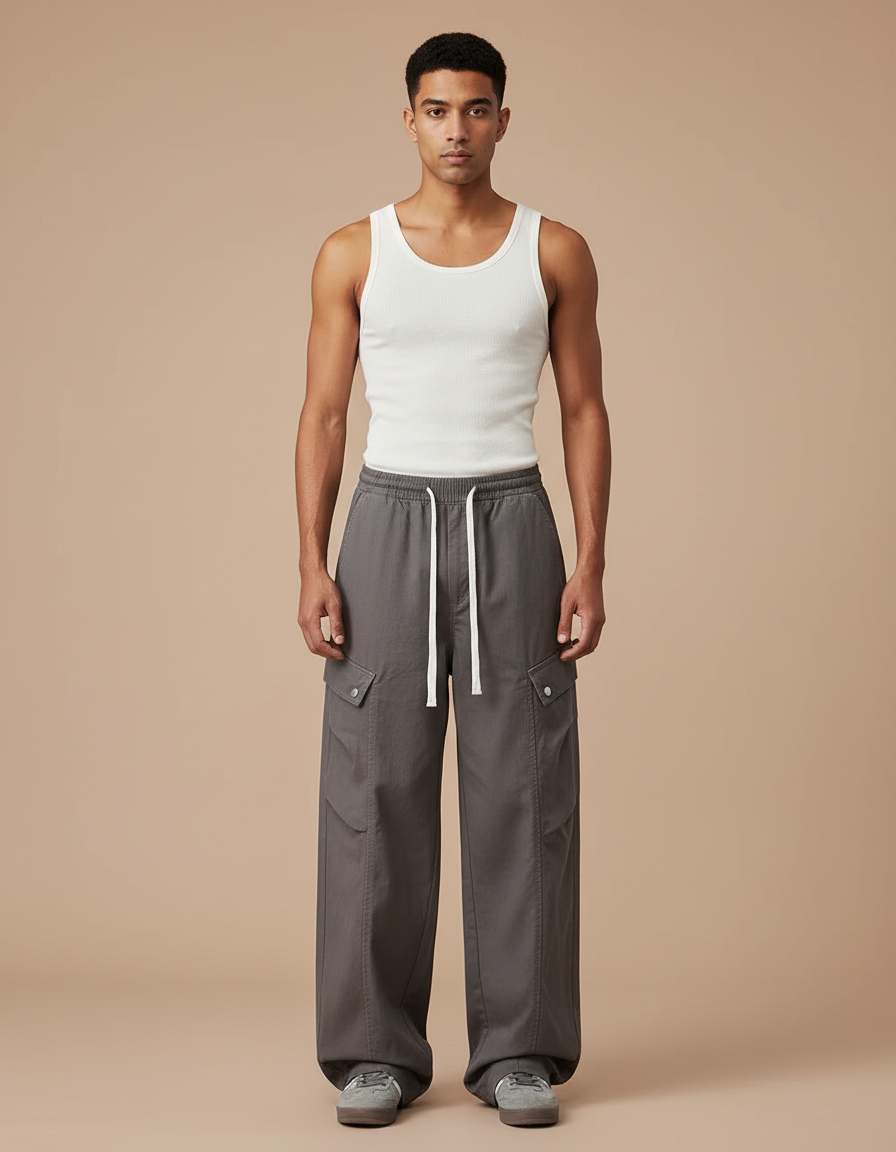 Pantalon Cargo Gris Ample Coton Multipoches Décontracté - Toile