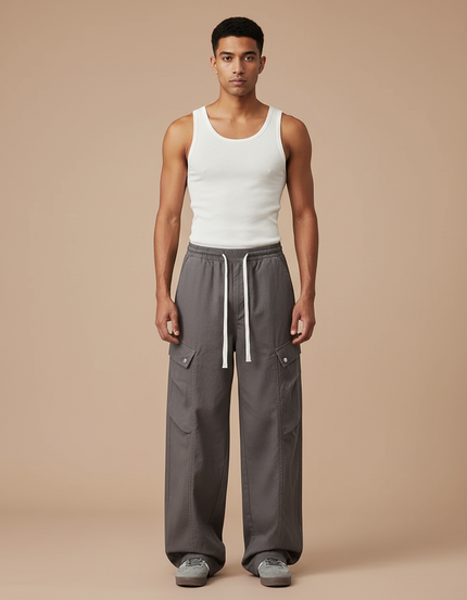 Pantalon Cargo Gris Ample Coton Multipoches Décontracté - Toile
