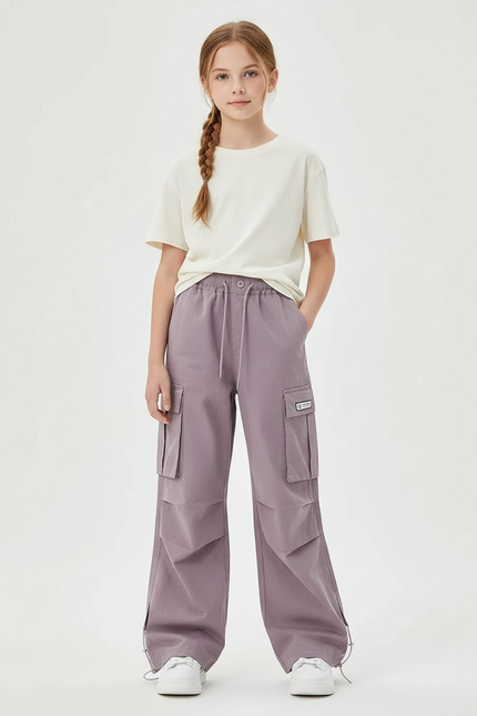 Pantalon Cargo Ample Violet Multipoches Fille Décontracté - Polyester