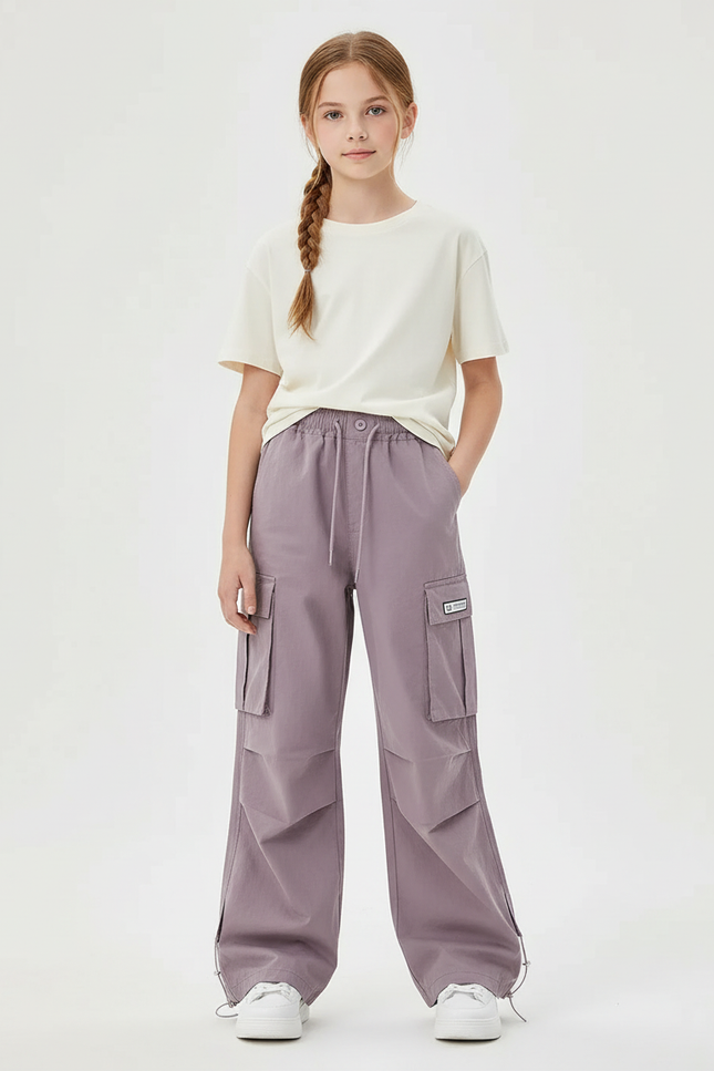 Pantalon Cargo Ample Violet Multipoches Fille Décontracté - Polyester