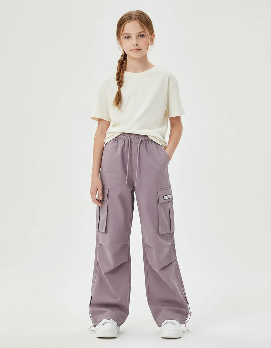 Pantalon Cargo Ample Violet Multipoches Fille Décontracté - Polyester