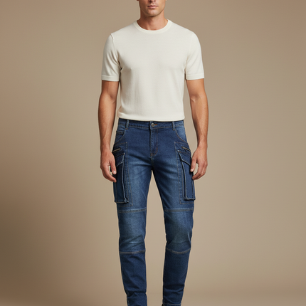 Pantalon Cargo Denim Bleu Slim Multipoches Homme - Jean