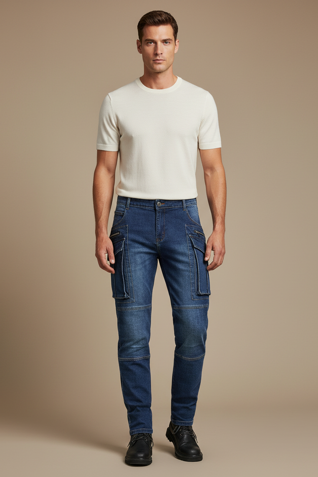 Pantalon Cargo Denim Bleu Slim Multipoches Homme - Jean
