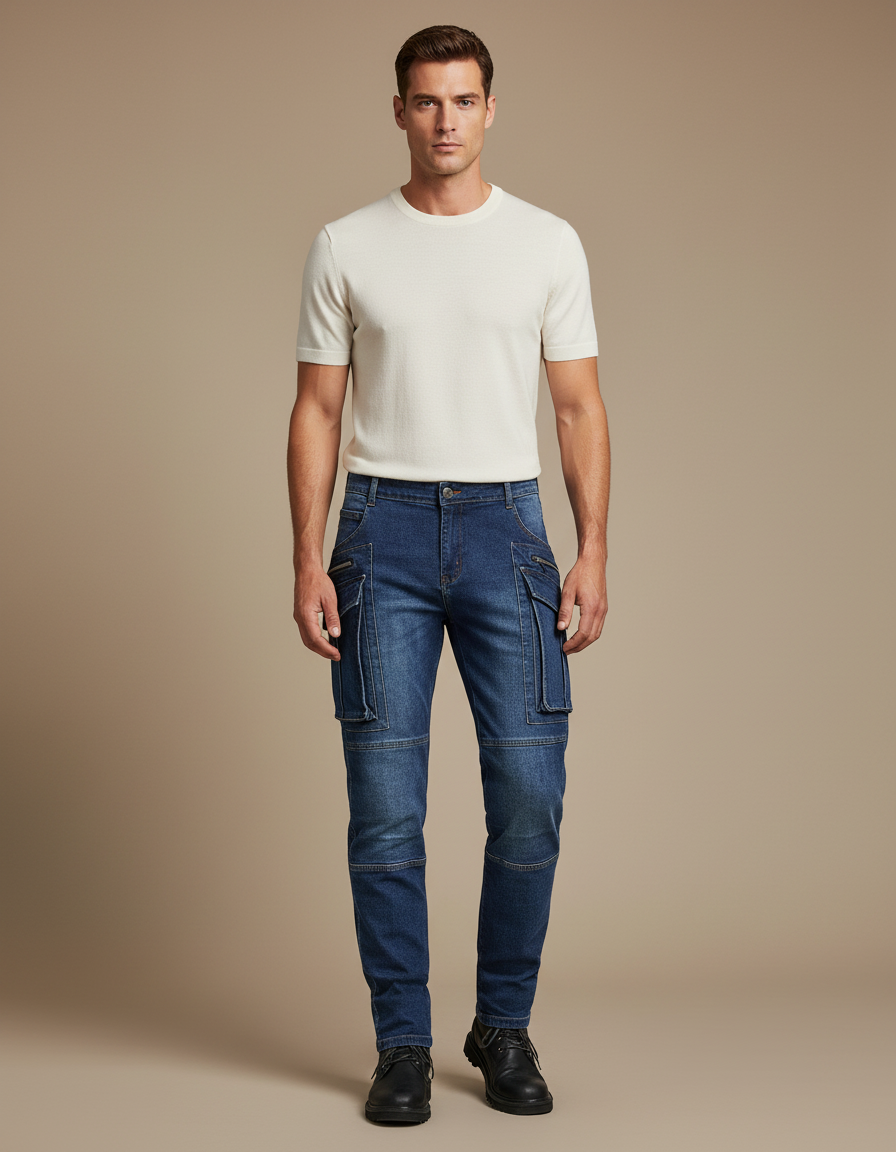 Pantalon Cargo Denim Bleu Slim Multipoches Homme - Jean