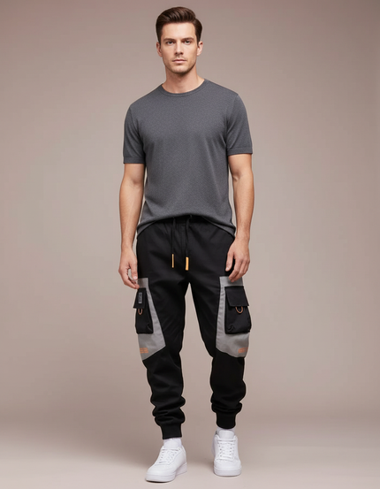 Pantalon Cargo Noir Gris Techwear Multi-poches Homme - Polyester