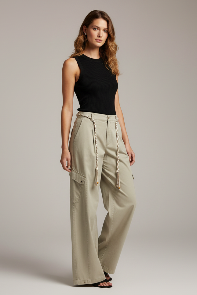 Pantalon Cargo Femme Avec Ceinture - Kaki Toile