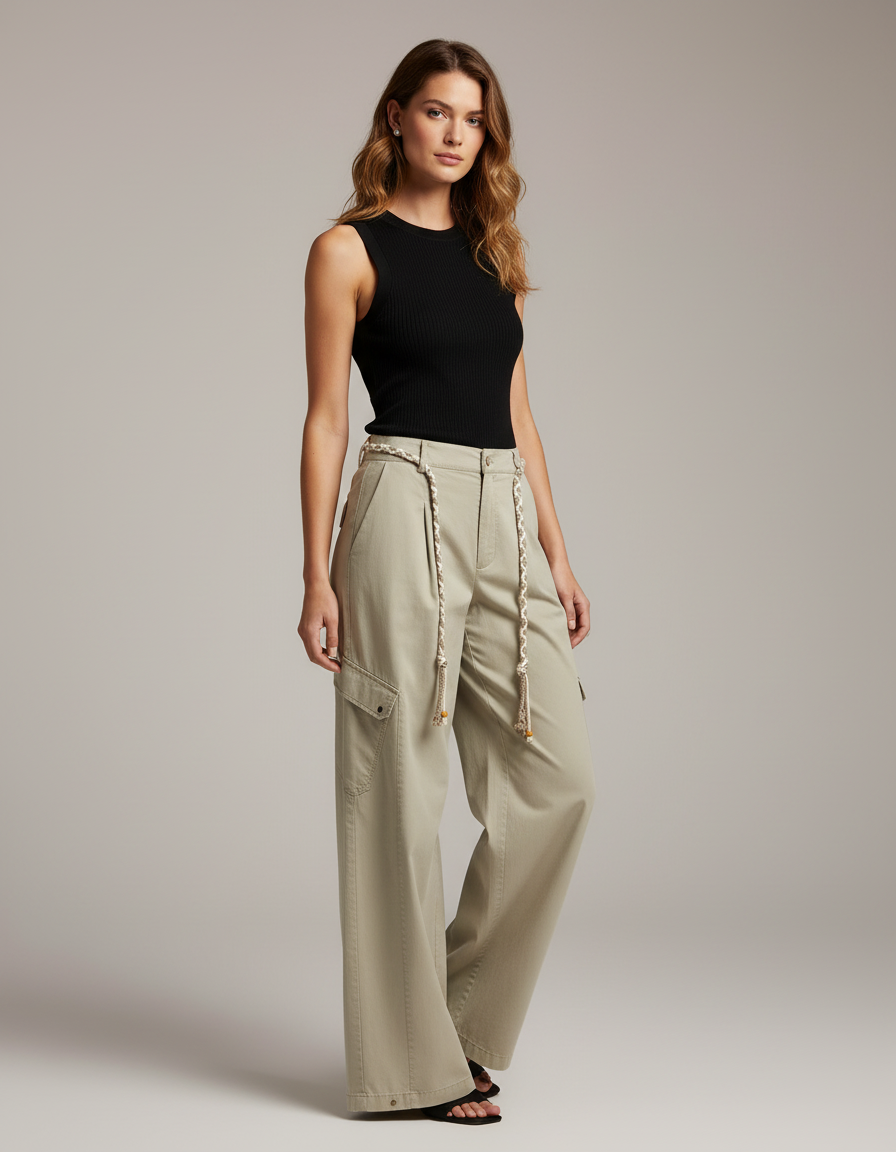 Pantalon Cargo Femme Avec Ceinture - Kaki Toile