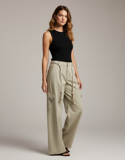 Pantalon Cargo Femme Avec Ceinture - Kaki Toile
