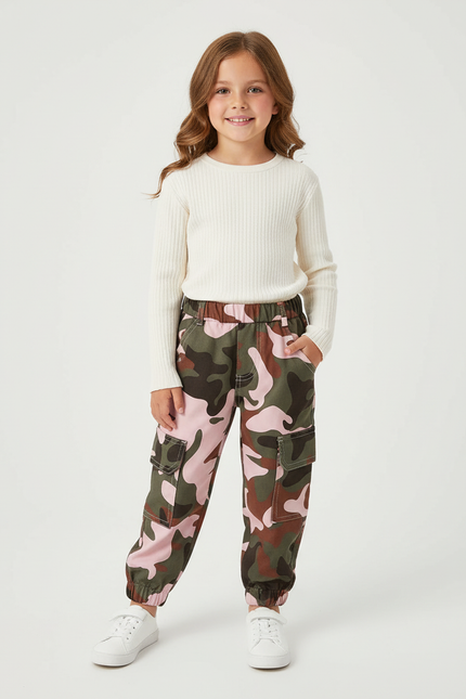 Pantalon Cargo Camouflage Rose Fille Ample Multipoches - Toile