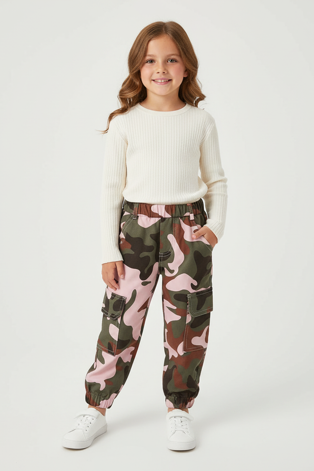 Pantalon Cargo Camouflage Rose Fille Ample Multipoches - Toile