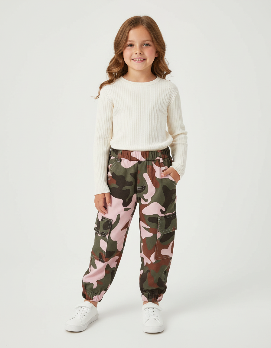 Pantalon Cargo Camouflage Rose Fille Ample Multipoches - Toile
