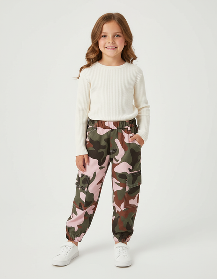 Pantalon Cargo Camouflage Rose Fille Ample Multipoches - Toile