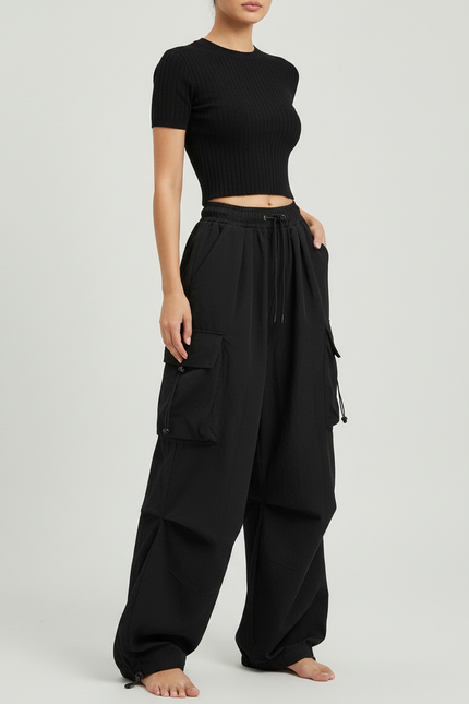 Pantalon Cargo Noir Ample Poches Streetwear - Polyester