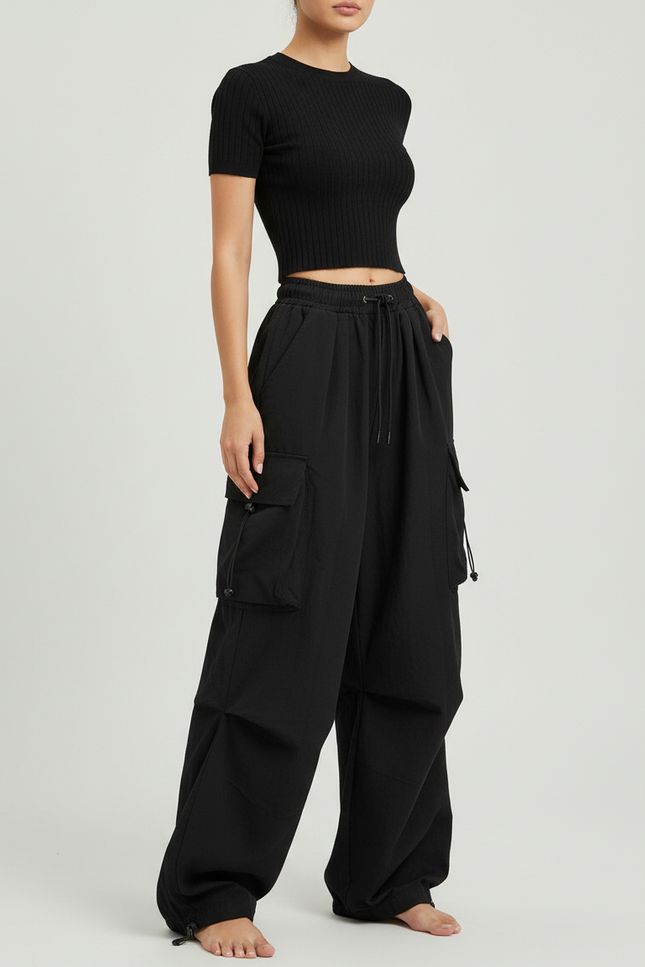 Pantalon Cargo Noir Ample Poches Streetwear - Polyester