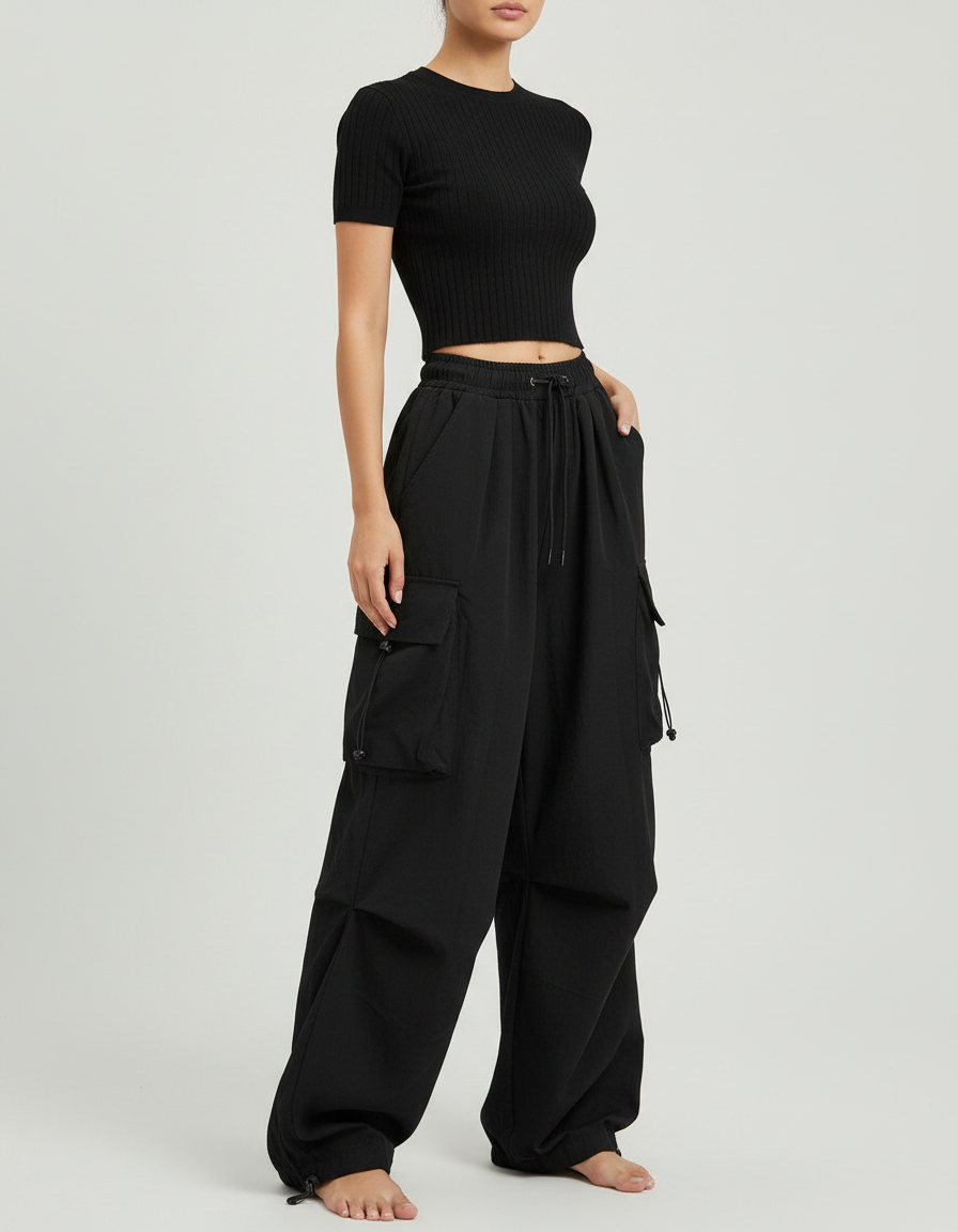 Pantalon Cargo Noir Ample Poches Streetwear - Polyester