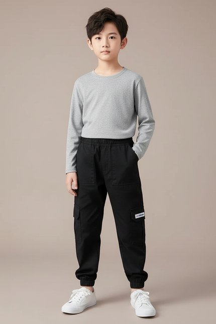 Pantalon Cargo Noir Coton Multipoches Décontracté Enfant