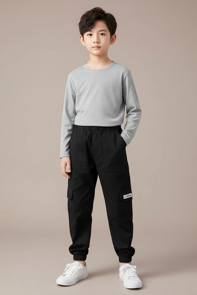Pantalon Cargo Noir Coton Multipoches Décontracté Enfant