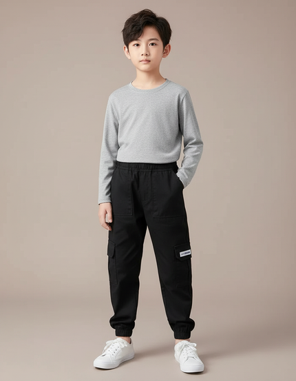 Pantalon Cargo Noir Coton Multipoches Décontracté Enfant