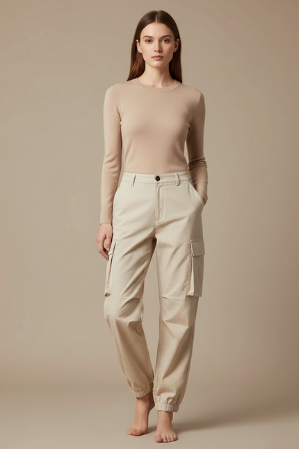 Pantalon Cargo Beige Coton Jogger Femme Décontracté