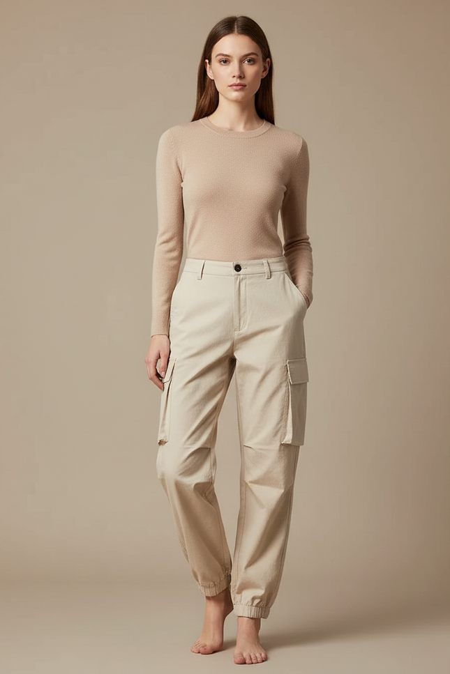 Pantalon Cargo Beige Coton Jogger Femme Décontracté