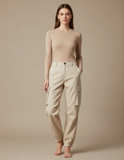 Pantalon Cargo Beige Coton Jogger Femme Décontracté