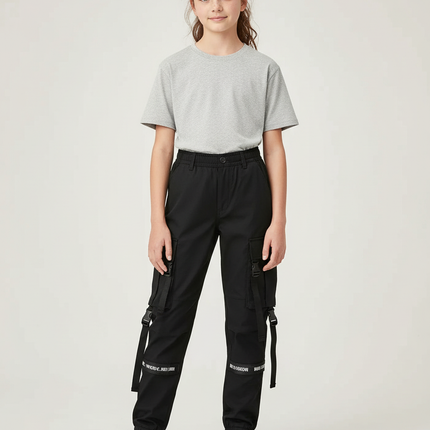 Pantalon Cargo Noir Sangles Multipoches Fille Urbain - Gabardine
