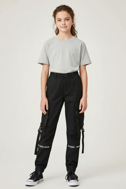 Pantalon Cargo Noir Sangles Multipoches Fille Urbain - Gabardine