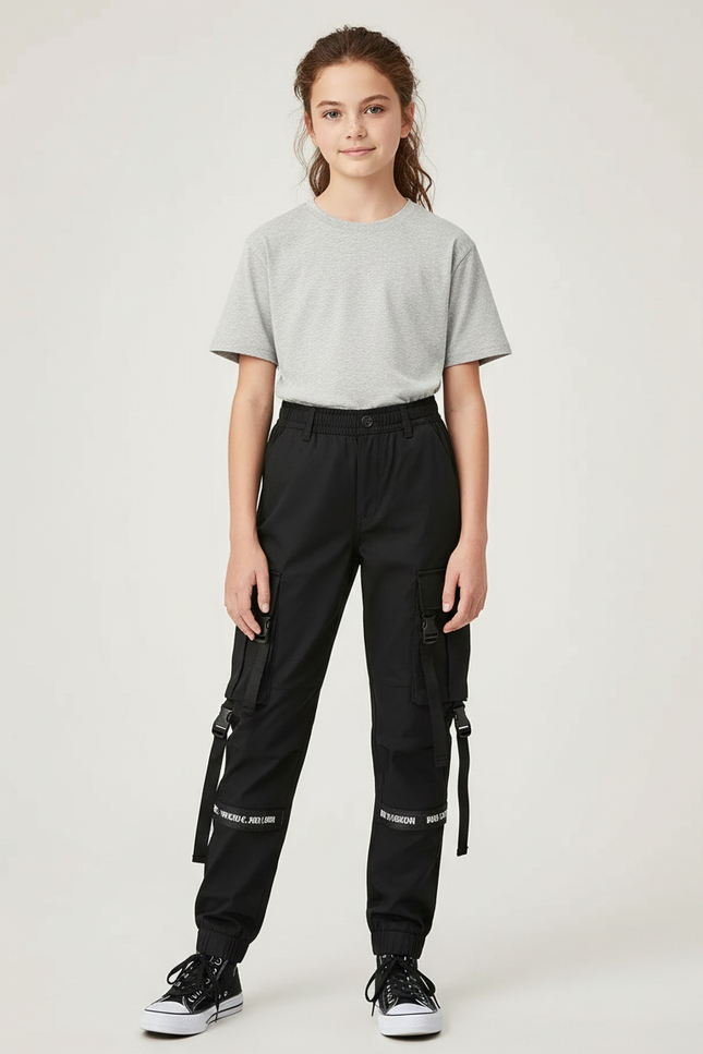 Pantalon Cargo Noir Sangles Multipoches Fille Urbain - Gabardine