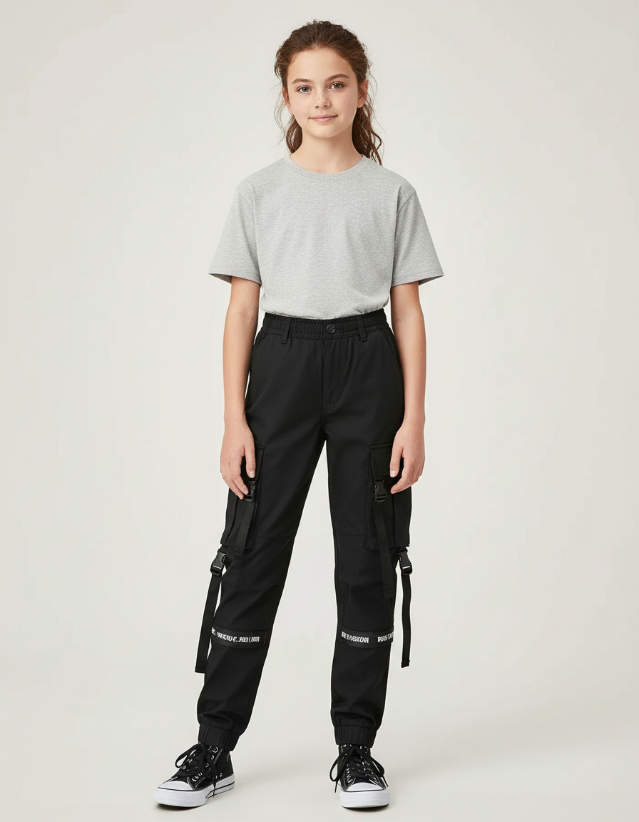 Pantalon Cargo Noir Sangles Multipoches Fille Urbain - Gabardine