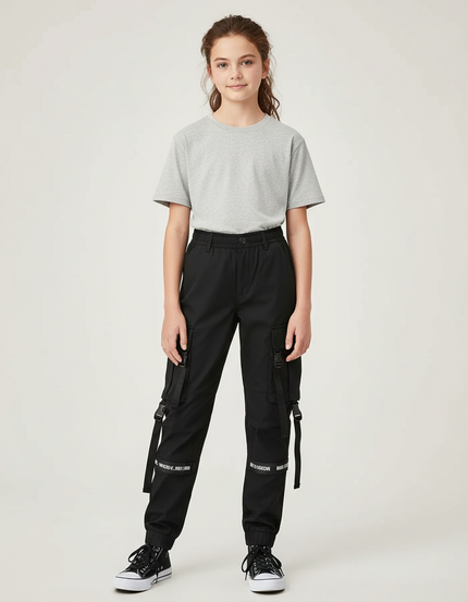 Pantalon Cargo Noir Sangles Multipoches Fille Urbain - Gabardine
