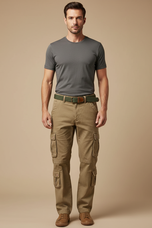 Pantalon Cargo Kaki Ample Multipoches Homme Décontracté - Toile