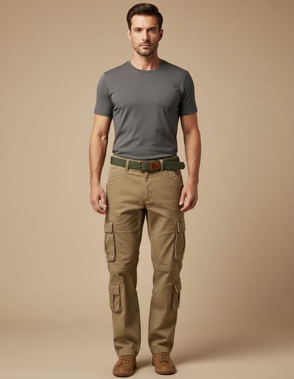 Pantalon Cargo Kaki Ample Multipoches Homme Décontracté - Toile