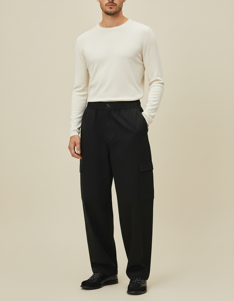 Pantalon Cargo Noir Ample Décontracté Homme Coton