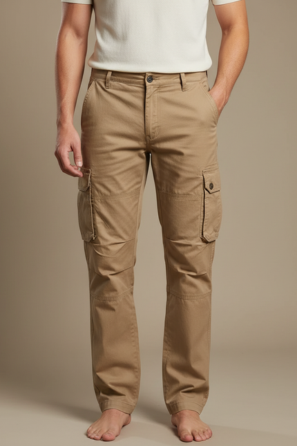 Pantalon Cargo Kaki Droit Coton Multipoches Décontracté - Toile