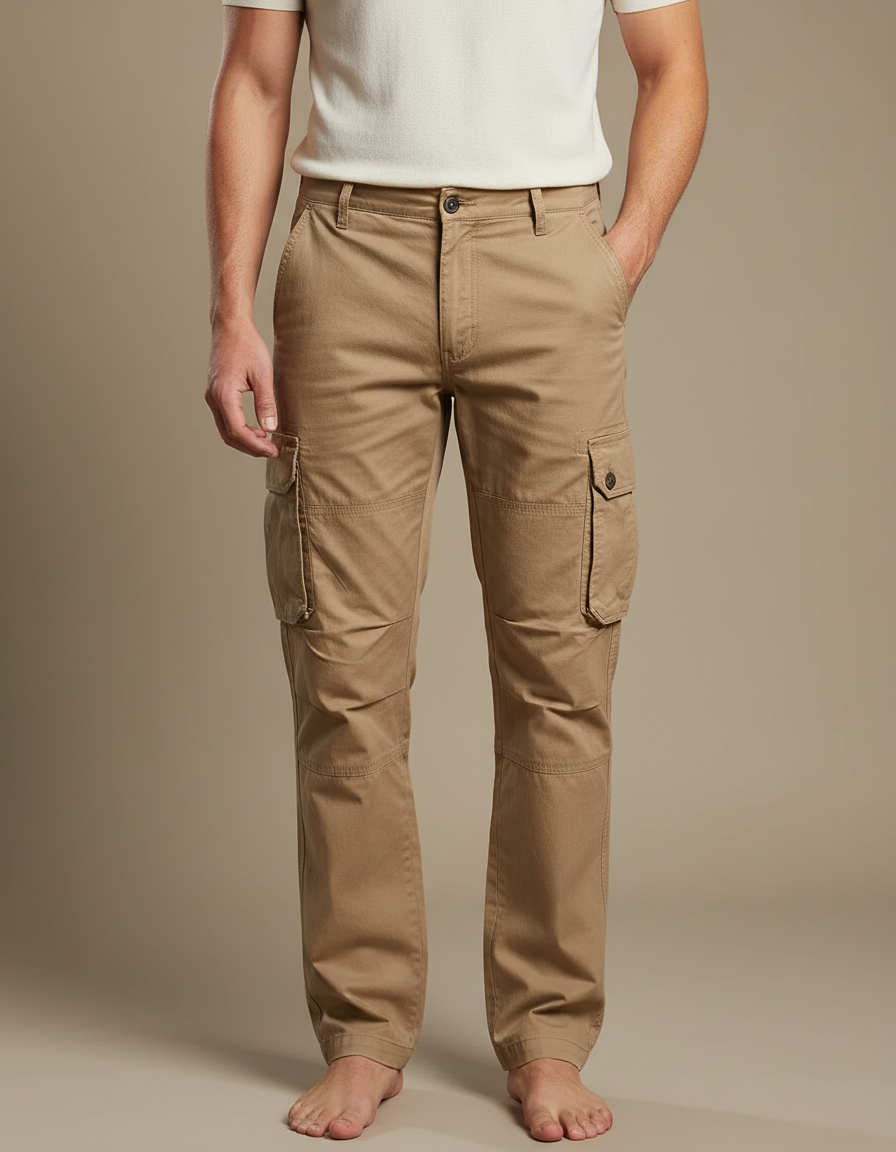 Pantalon Cargo Kaki Droit Coton Multipoches Décontracté - Toile