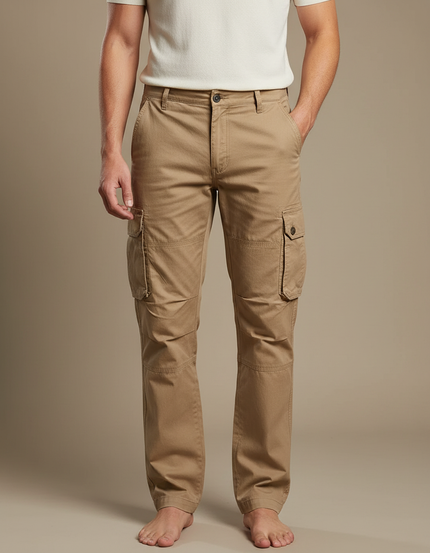 Pantalon Cargo Kaki Droit Coton Multipoches Décontracté - Toile