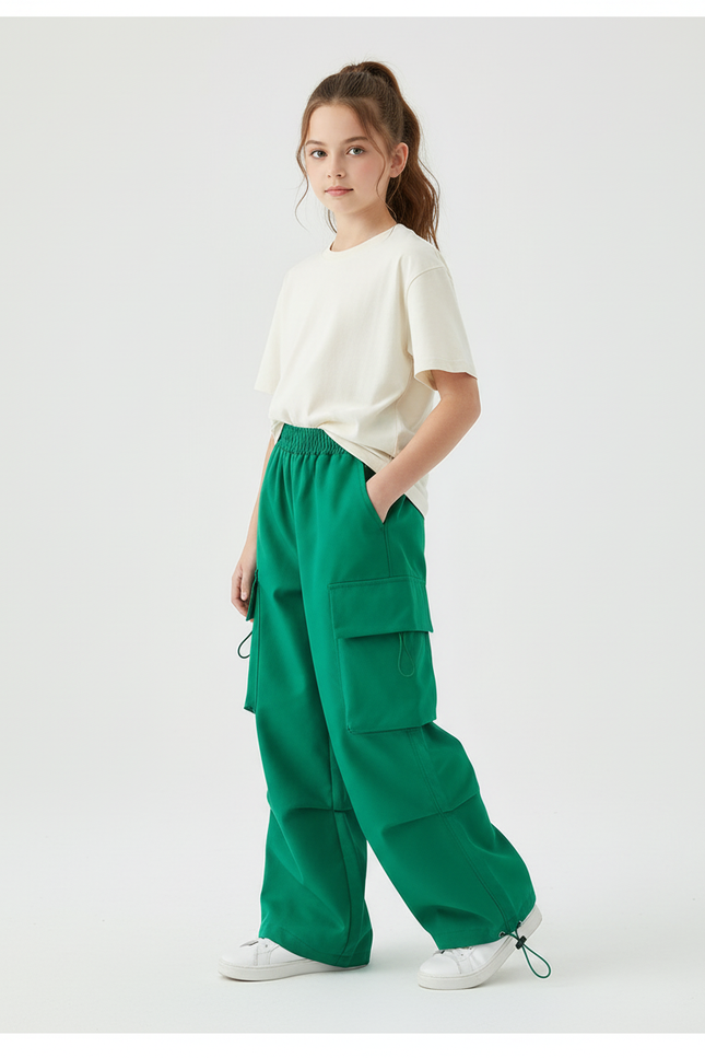 Pantalon Cargo Vert Ample Multipoches Streetwear Enfant - Polyester