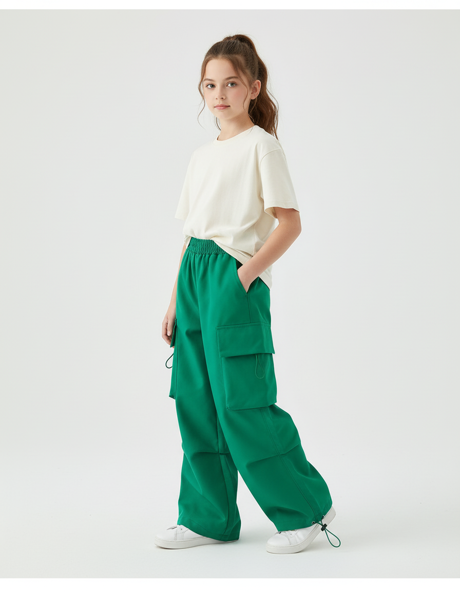 Pantalon Cargo Vert Ample Multipoches Streetwear Enfant - Polyester